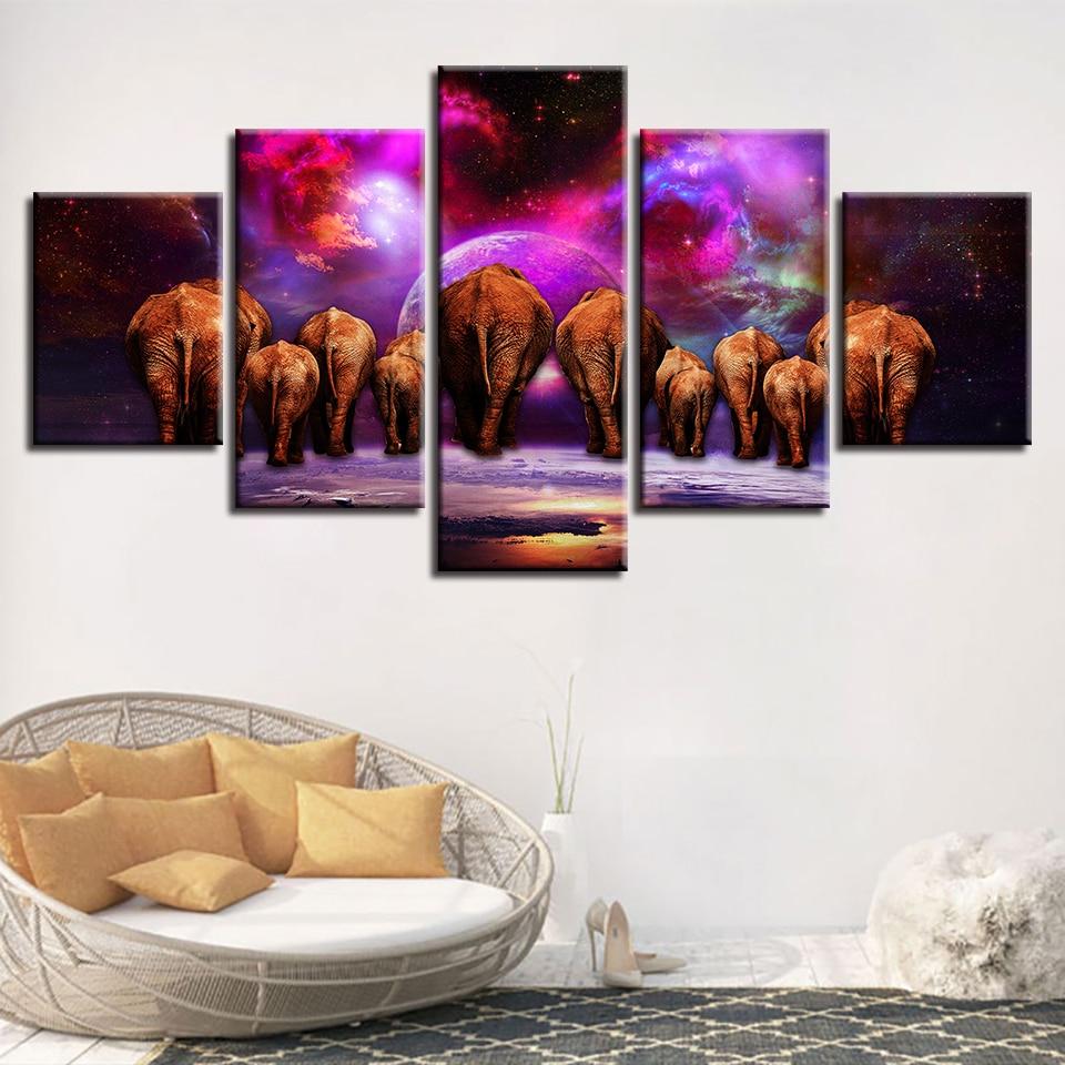 Planets And Elephant Family – Animal Canvas Wall Art