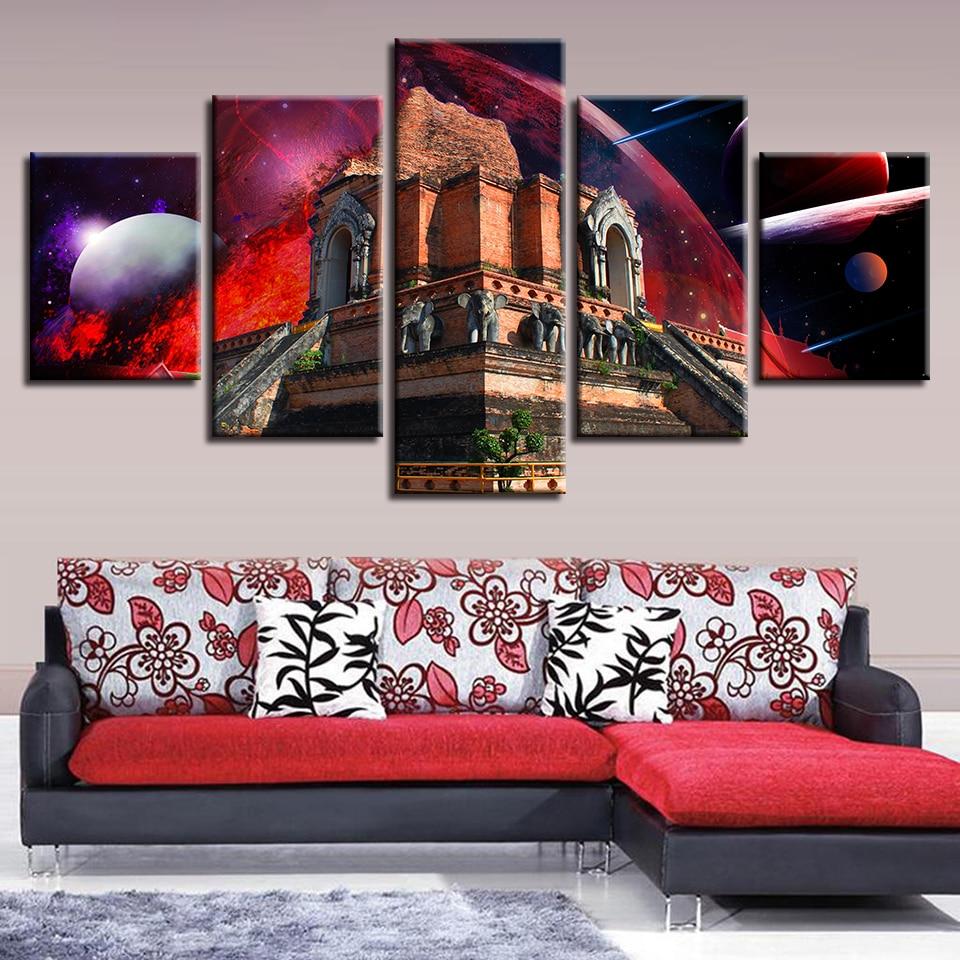 Planets Retro Building Night – Abstract Canvas Wall Art