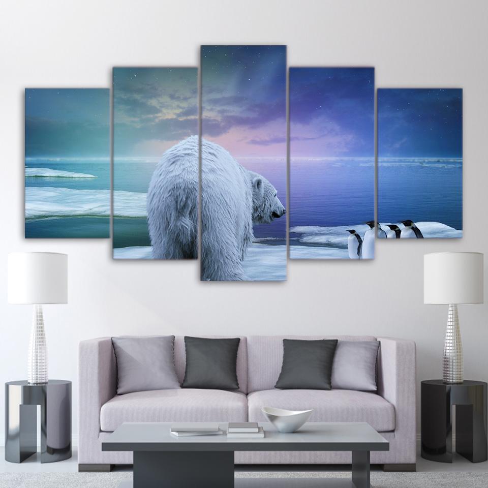 Polar Bear Penguin Aurora – Animal Canvas Wall Art