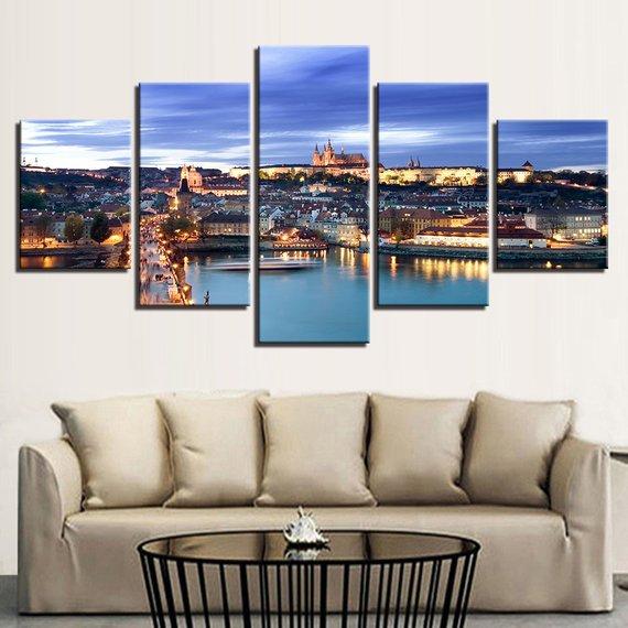 Prague Castle Bridge City Night Scene Landscape Beautiful – Nature Canvas Wall Art