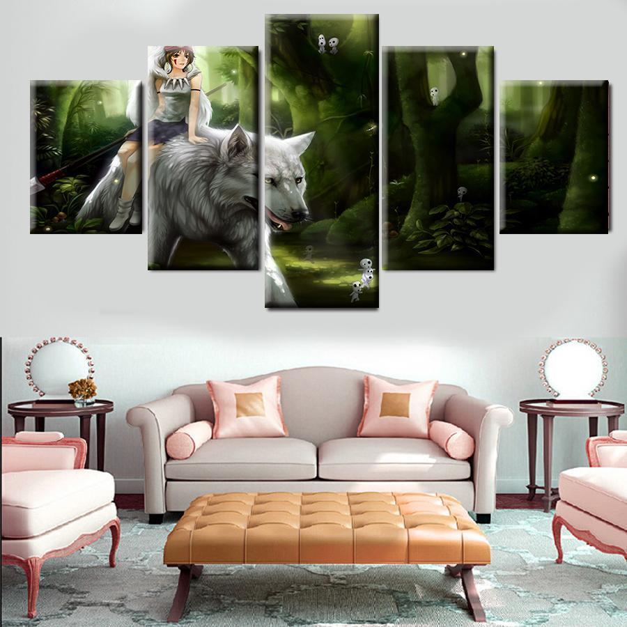 Princess Mononoke Riding Wolf Cartoon Canvas Wall Art
