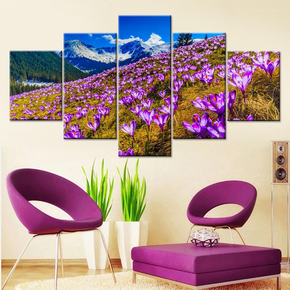 Purple Flowers Snow Mountain – Nature Canvas Wall Art