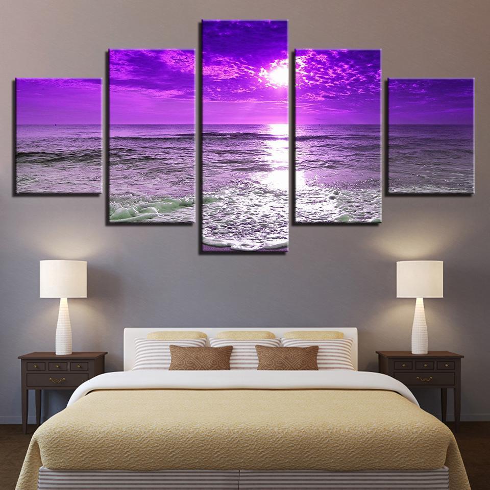 Purple Sunset Sea Waves Beach Seascape – Nature Canvas Wall Art