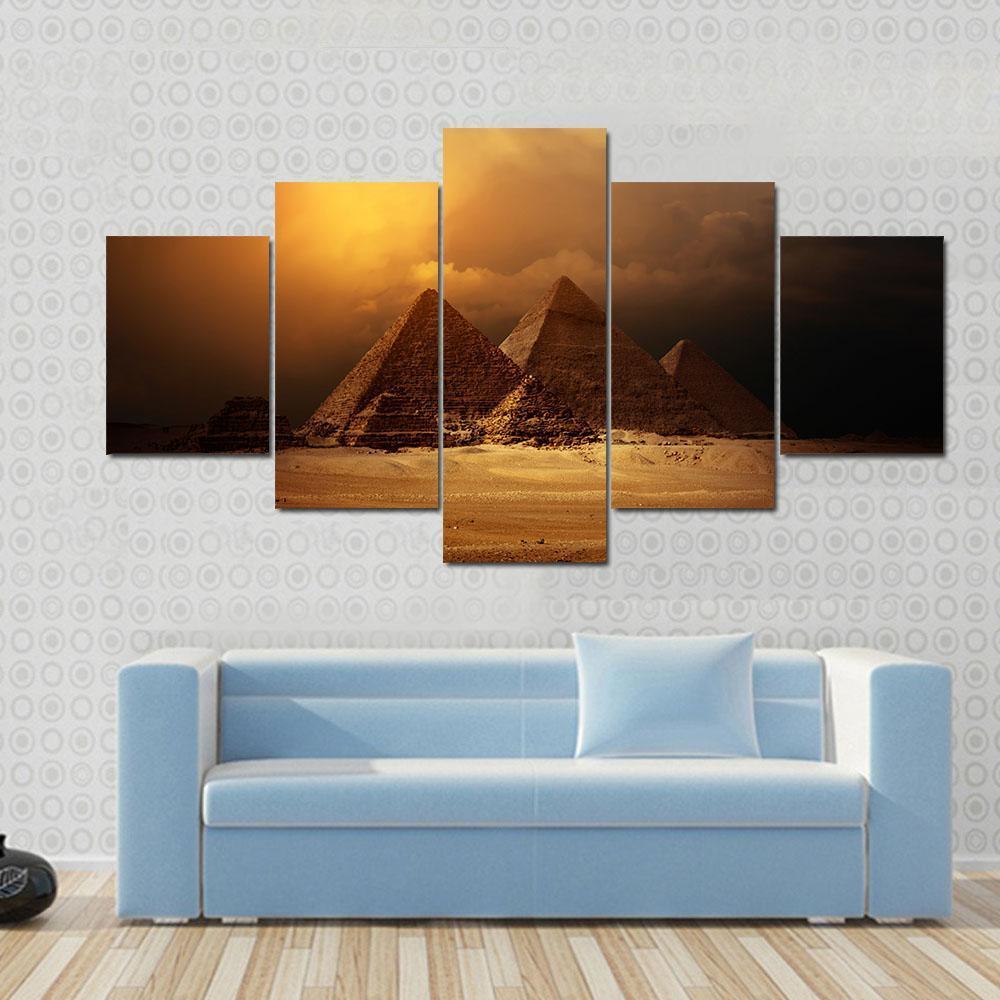 Pyramids In Giza Valley Under Dark Clouds – Nature Canvas Wall Art