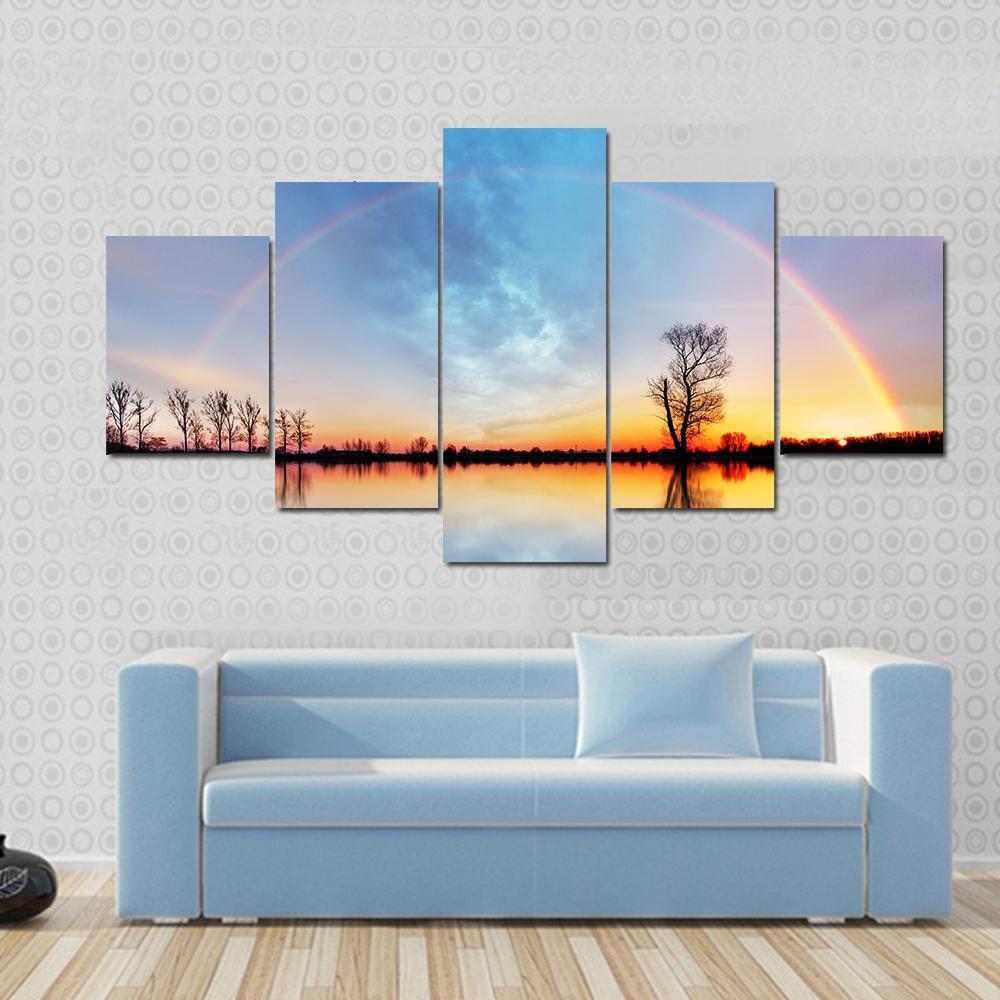 Rainbow Over Trees On Lake Sunrise – Nature Canvas Wall Art