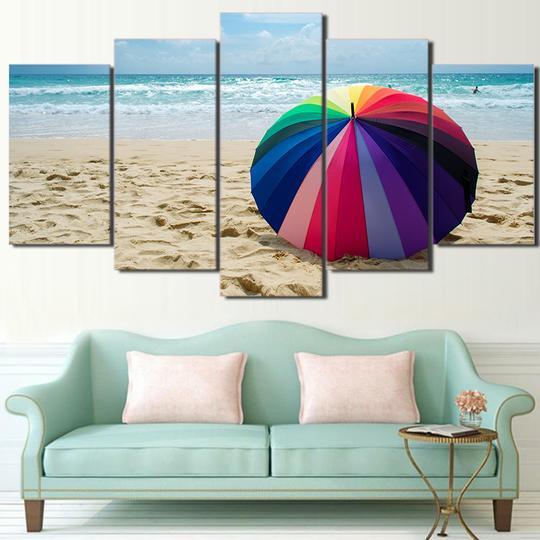 Rainbow Umbrella On The Beach – Space Canvas Wall Art
