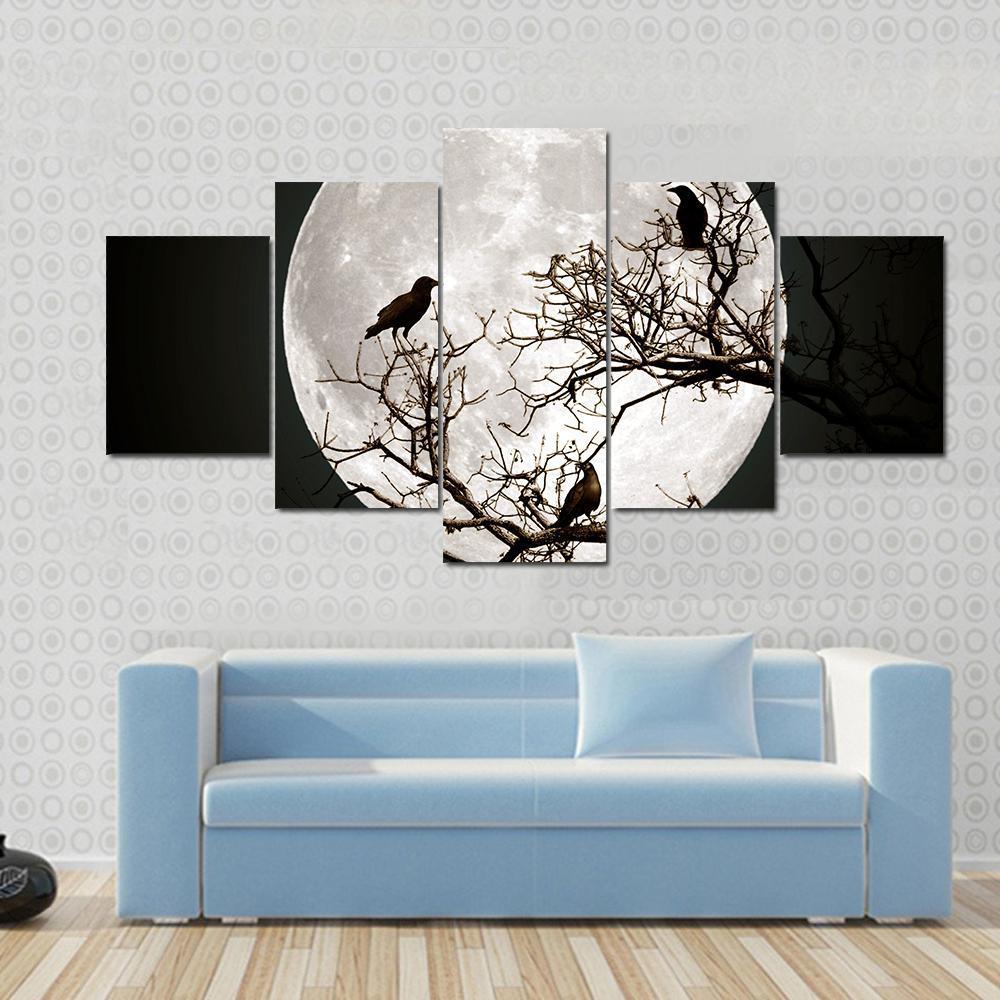 Ravens Sitting On A Tree Shined With The Full Moon – Nature Canvas Wall Art