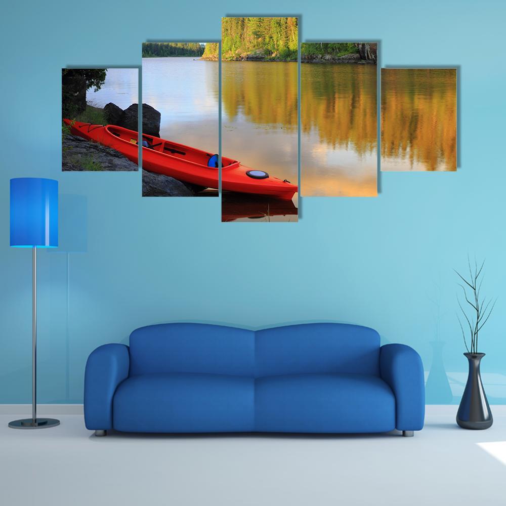 Red Canoe Sitting On Rocks At Lake – Nature Canvas Wall Art