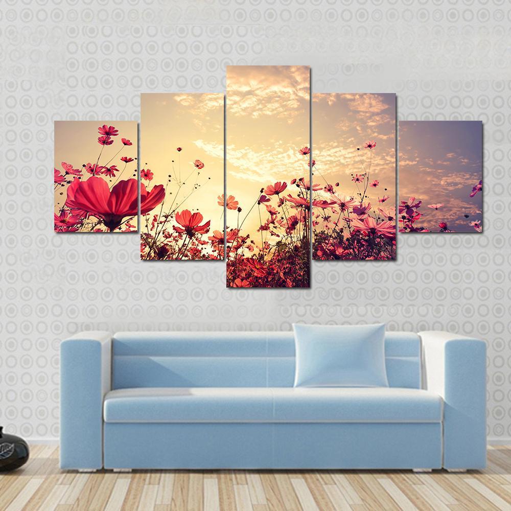 Red Cosmos Flower Field With Sunshine – Nature Canvas Wall Art