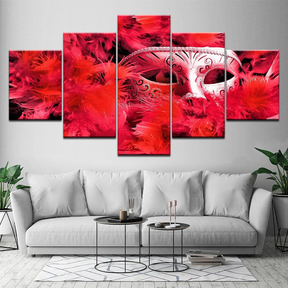 Red Feather Mask – Abstract Canvas Wall Art
