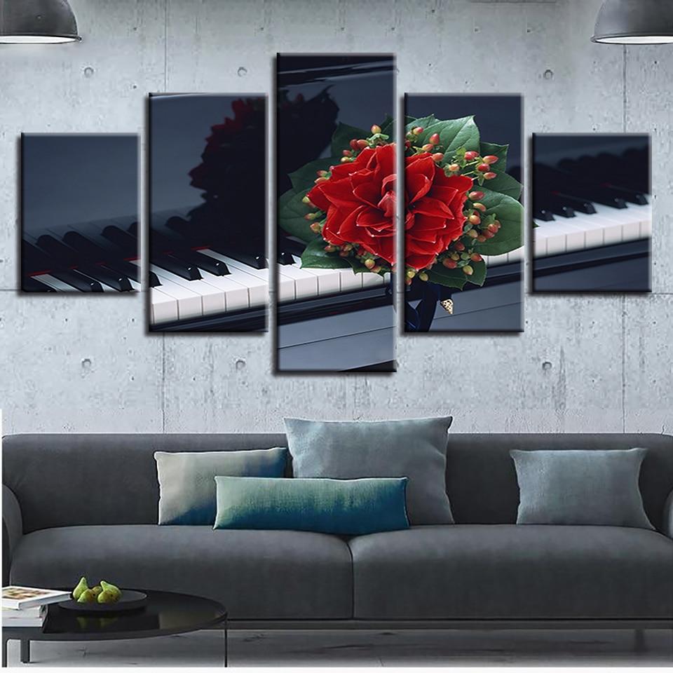 Red Flowers Black And White Piano Key – Music Canvas Wall Art