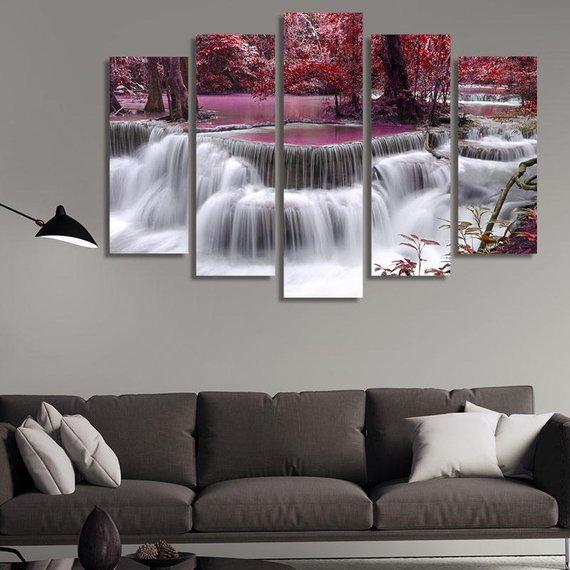 Red Leaves In Waterfall – Nature Canvas Wall Art