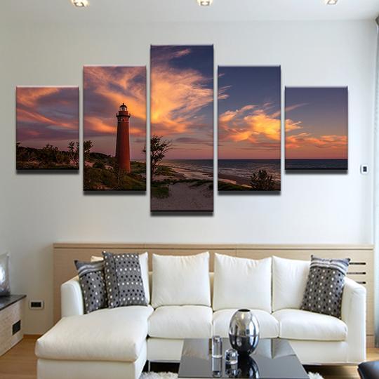 Red Lighthouse On Sandy Beach At Sunset – Nature Canvas Wall Art