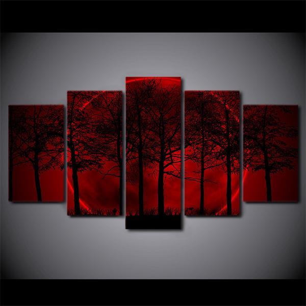 Red Moon Sky Dark Forest – Nature Canvas Wall Art