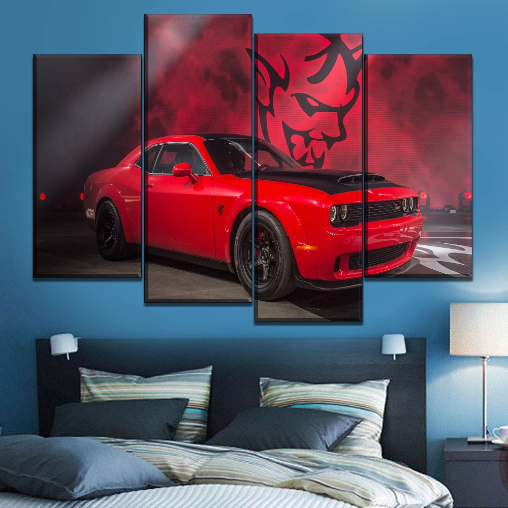 Red Muscle Dodge Challenger Car 4 Pieces – Canvas Wall Art