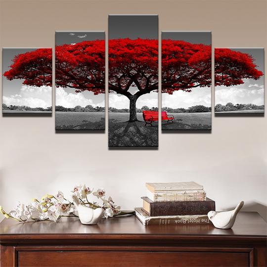 Red Tree On Black And White Field – Nature Canvas Wall Art