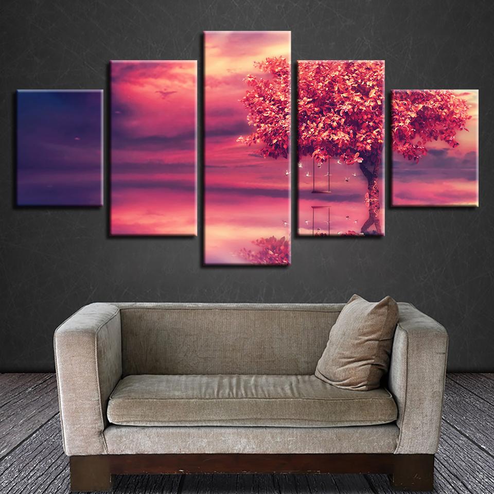 Red Tree Swing Abstract Lake Landscape – Nature Canvas Wall Art