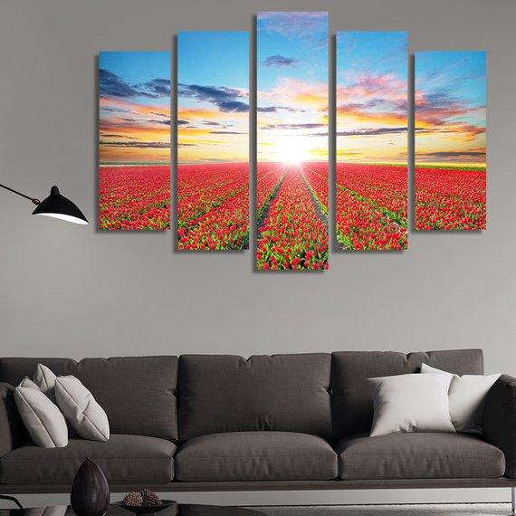 Red Tulip Field At Sunset – Nature Canvas Wall Art