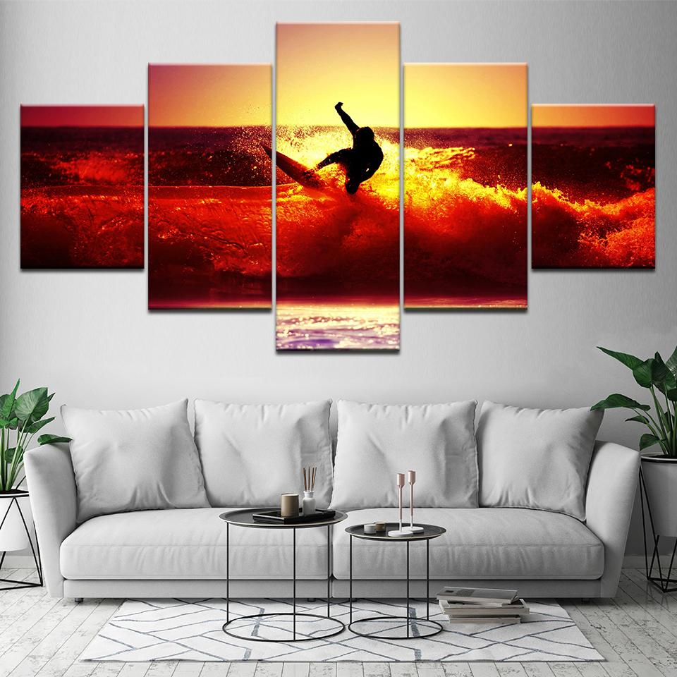 Red Waves Surfing Sunset Seascape – Sport Canvas Wall Art