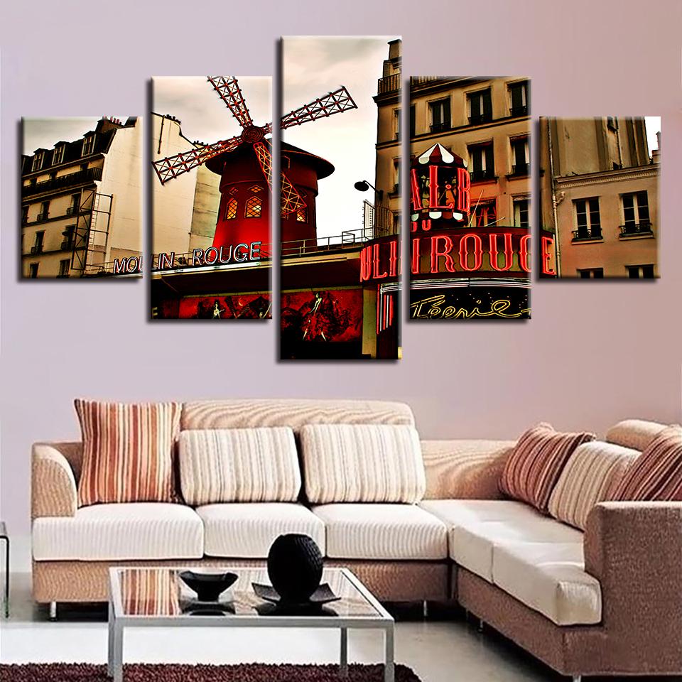 Red Windmill And Building Scenery – Nature Canvas Wall Art