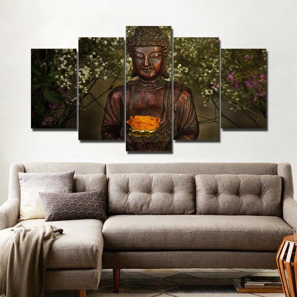 Retro Buddha Statue In Flower – Religion Canvas Wall Art