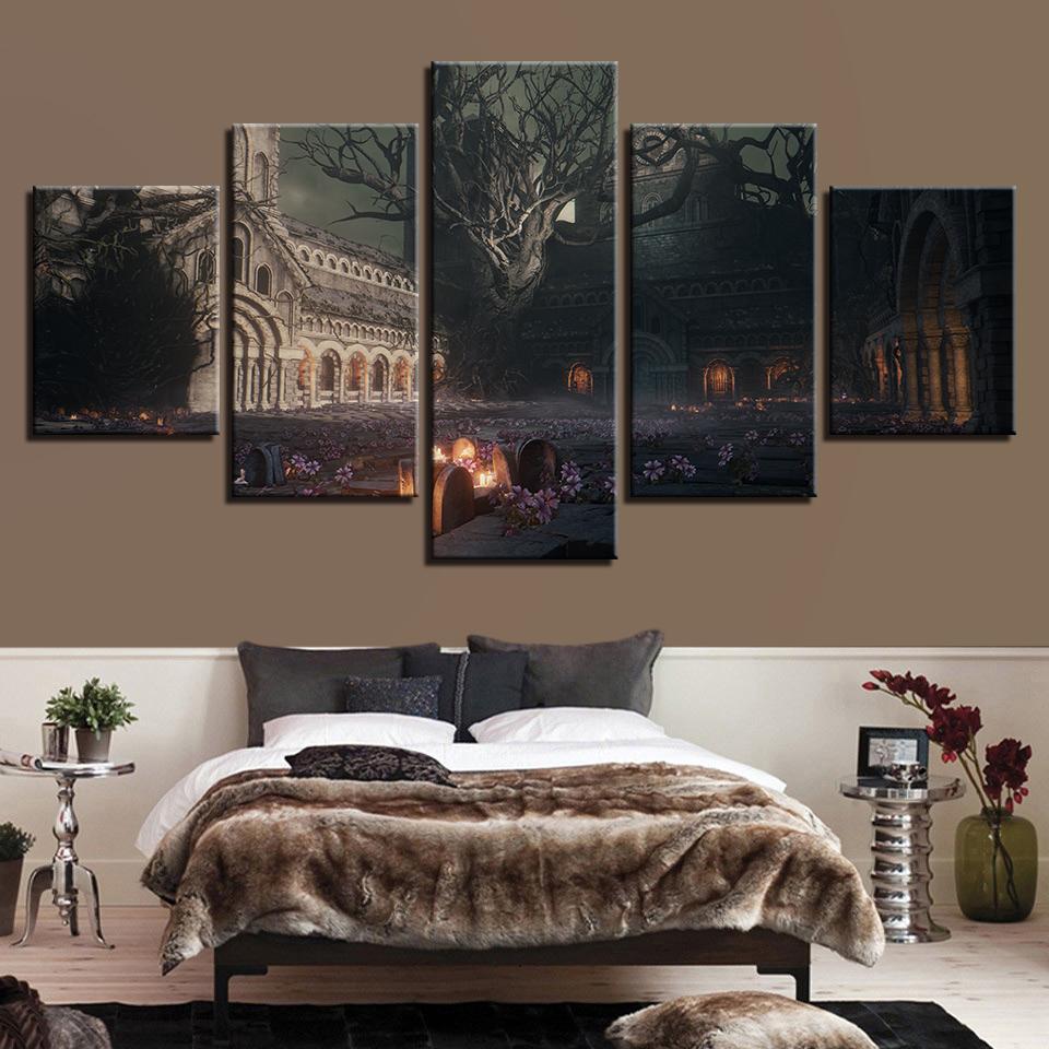 Retro Building And Tree Flower – Nature Canvas Wall Art