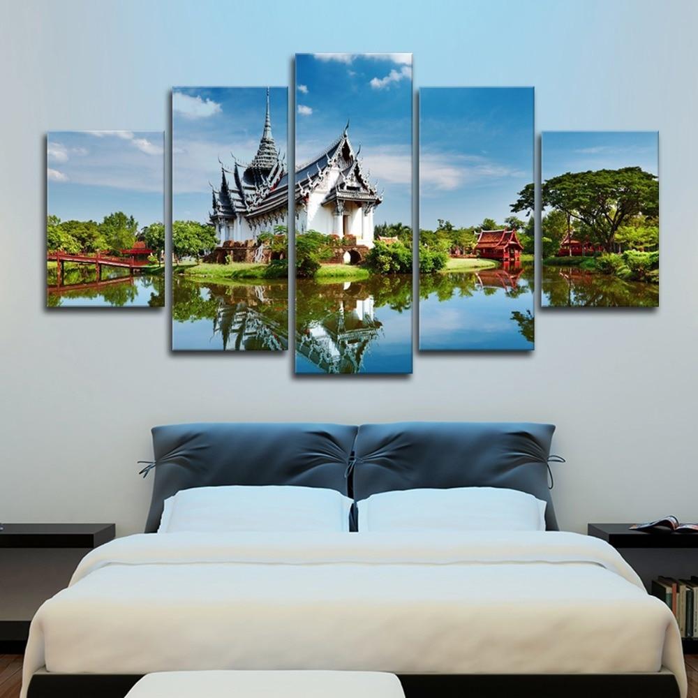 Retro House And Bridge Green Trees – Nature Canvas Wall Art