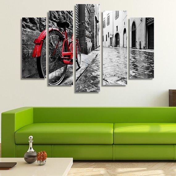 Retro Red Bike On A Cobblestone Street Of An Old Town – Automative Canvas Wall Art