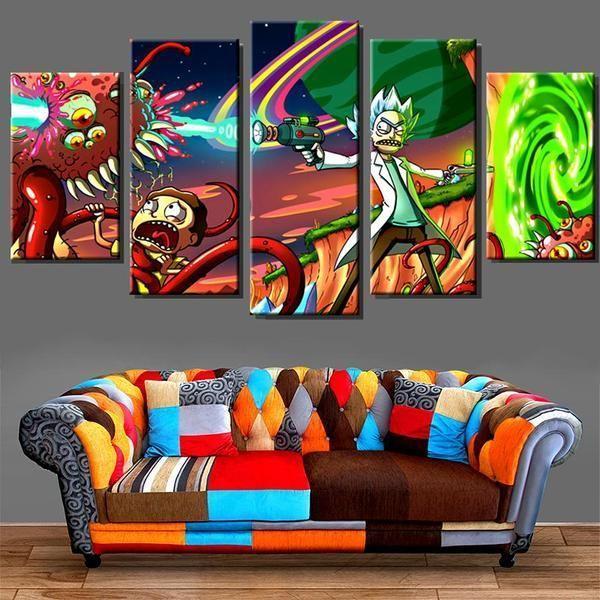 Rick & Morty Characters In Battle Cartoon Canvas Wall Art