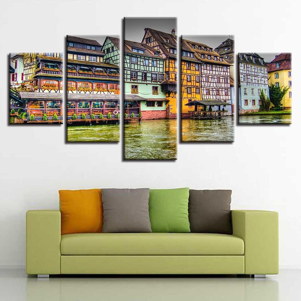 River And Retro House Buildings – Nature Canvas Wall Art