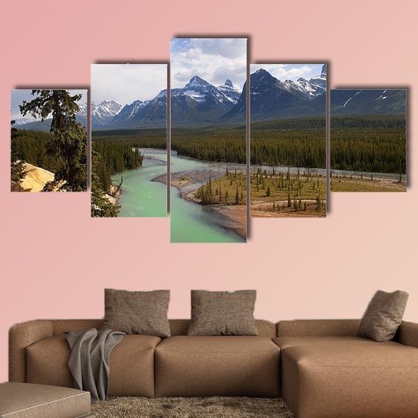 River Flowing At Foot Of Canadian Rockies – Nature Canvas Wall Art