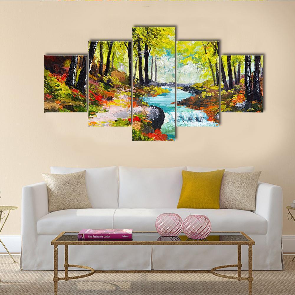 River In Autumn Forest – Abstract Nature Canvas Wall Art