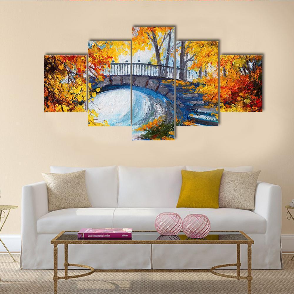 Road And Bridge In Autumn Forest Abstract Nature Canvas Wall Art