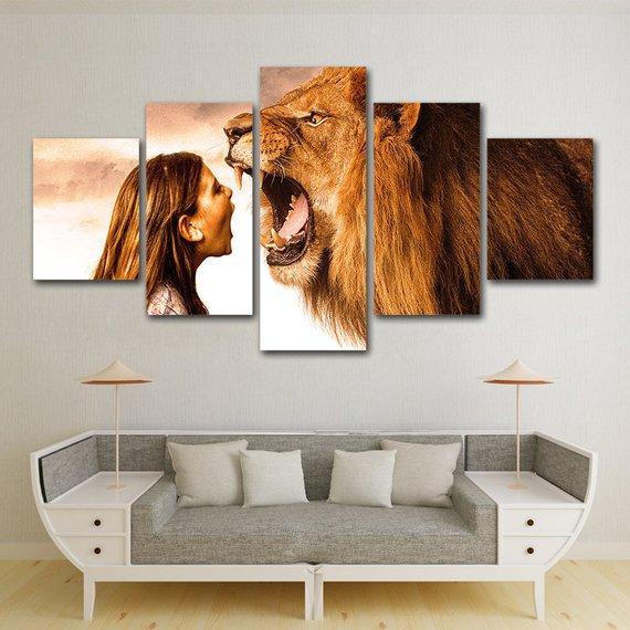 5 Panel Oil Painting Starry Sky Animals Lion Art Canvas Wall Hanging Art Picture