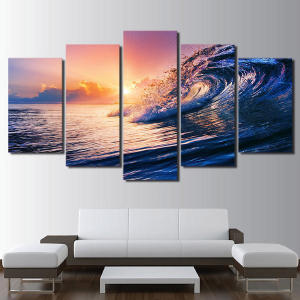 Rolling Ocean Wave Sunset Blue Sea -Nature Canvas Wall Art