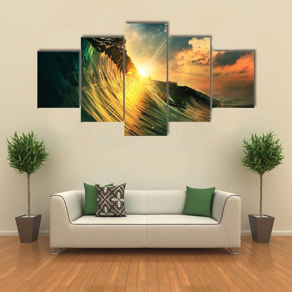 Rough Colored Ocean Wave At Sunset Time – Nature Canvas Wall Art