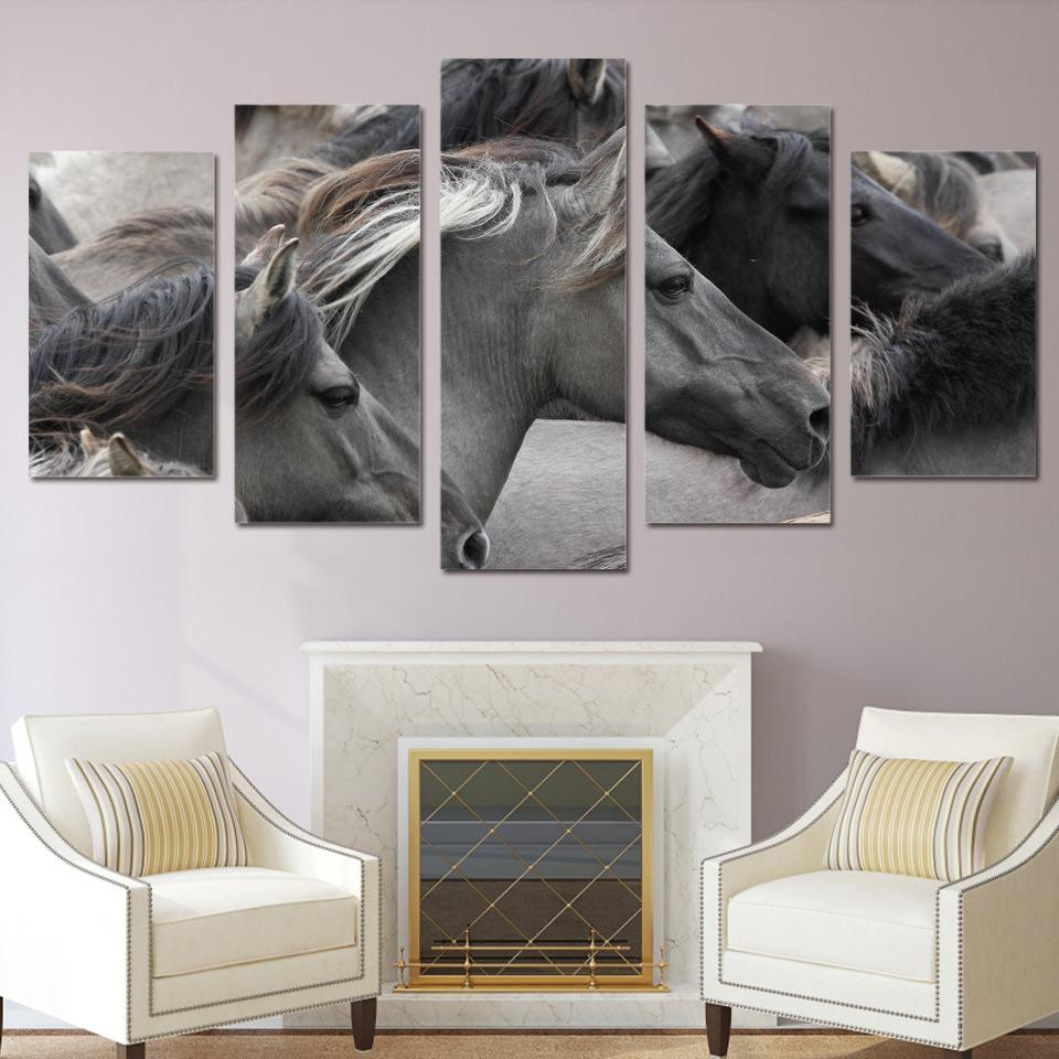 Running Gray Black Horses – Animal Canvas Wall Art