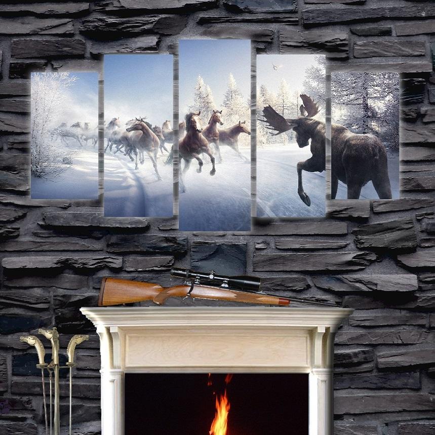 Running Horse And Elk In Snow Winter Deer – Animal Canvas Wall Art