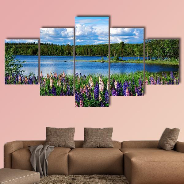Scandinavian Summer Landscape With Lupies And Lake – Nature Canvas Wall Art