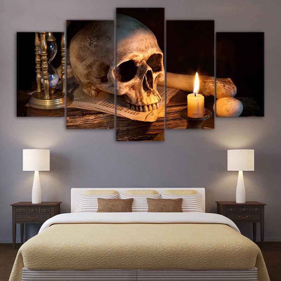 Scary Skull Burning Candle – Religion Canvas Wall Art