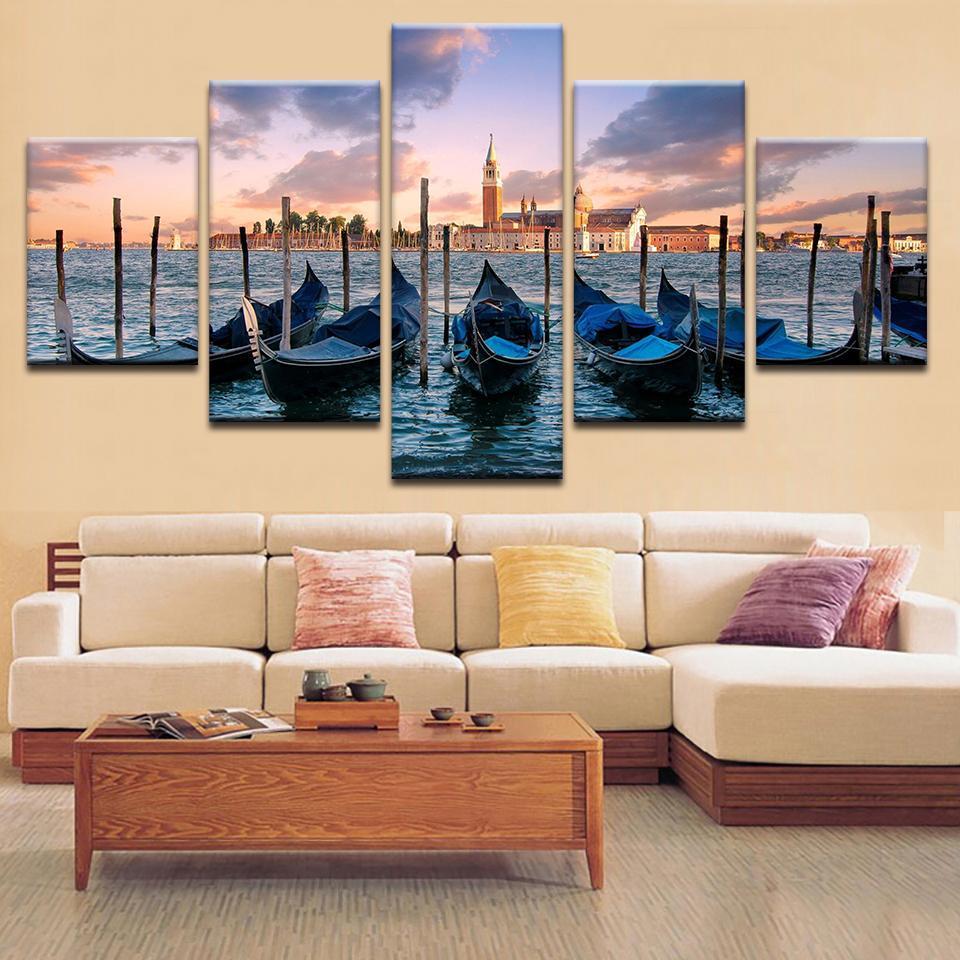 Scenic View Of Boats And A Town – Nature Canvas Wall Art