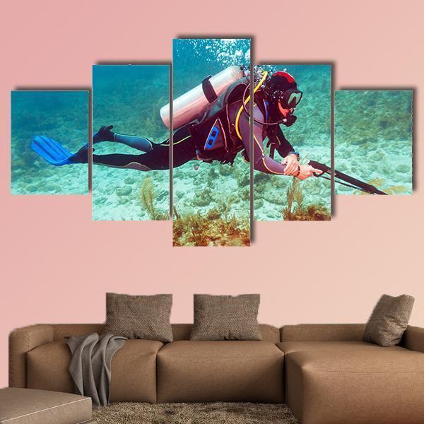 Scuba Diver Near Coral Bottom – Fishing Canvas Wall Art