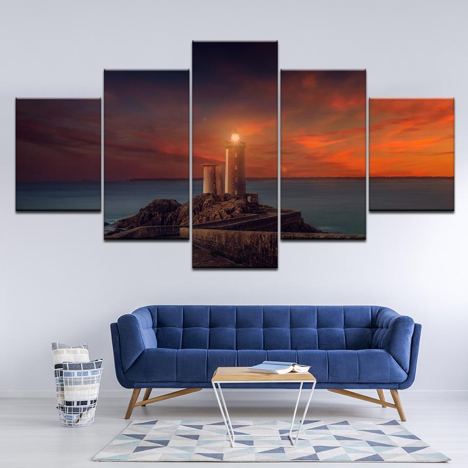 Sea Lighthouse Rosy Clouds Scenery – Nature Canvas Wall Art