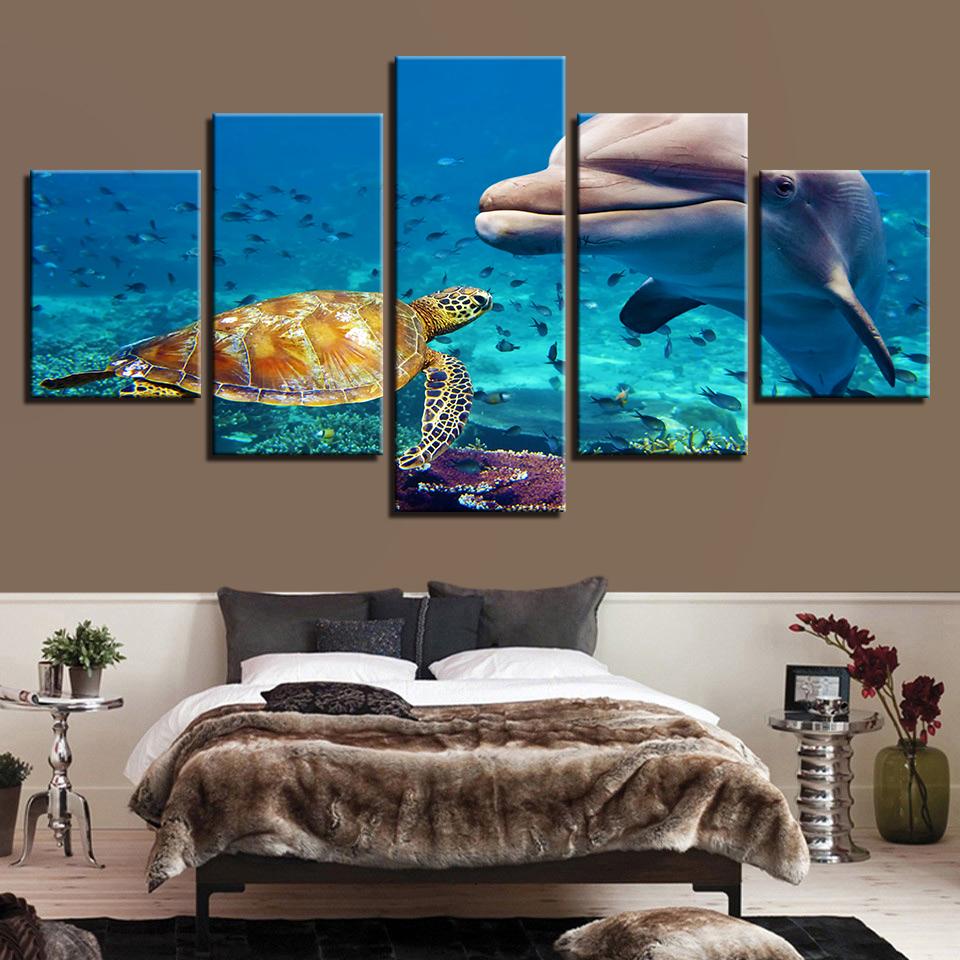 Sea Turtle Blue Deep Ocean Dolphin Fish – Animal Canvas Wall Art