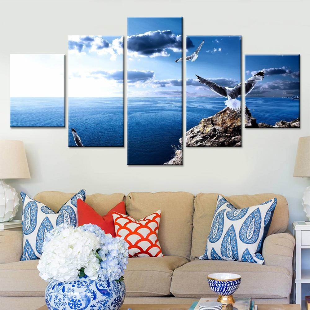Sea Water And Bird Flying In Blue Sky – Nature Canvas Wall Art