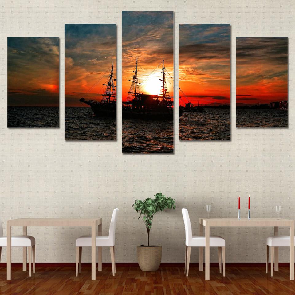 Seascape Ocean Boat Sunset Clouds – Nature Canvas Wall Art