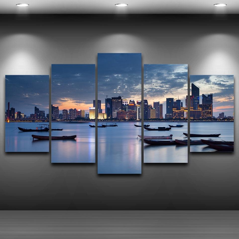 Seaside City Lake Boat – Space Canvas Wall Art