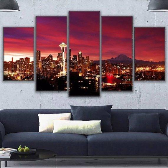 Seattle Red Skyline – Nature Canvas Wall Art