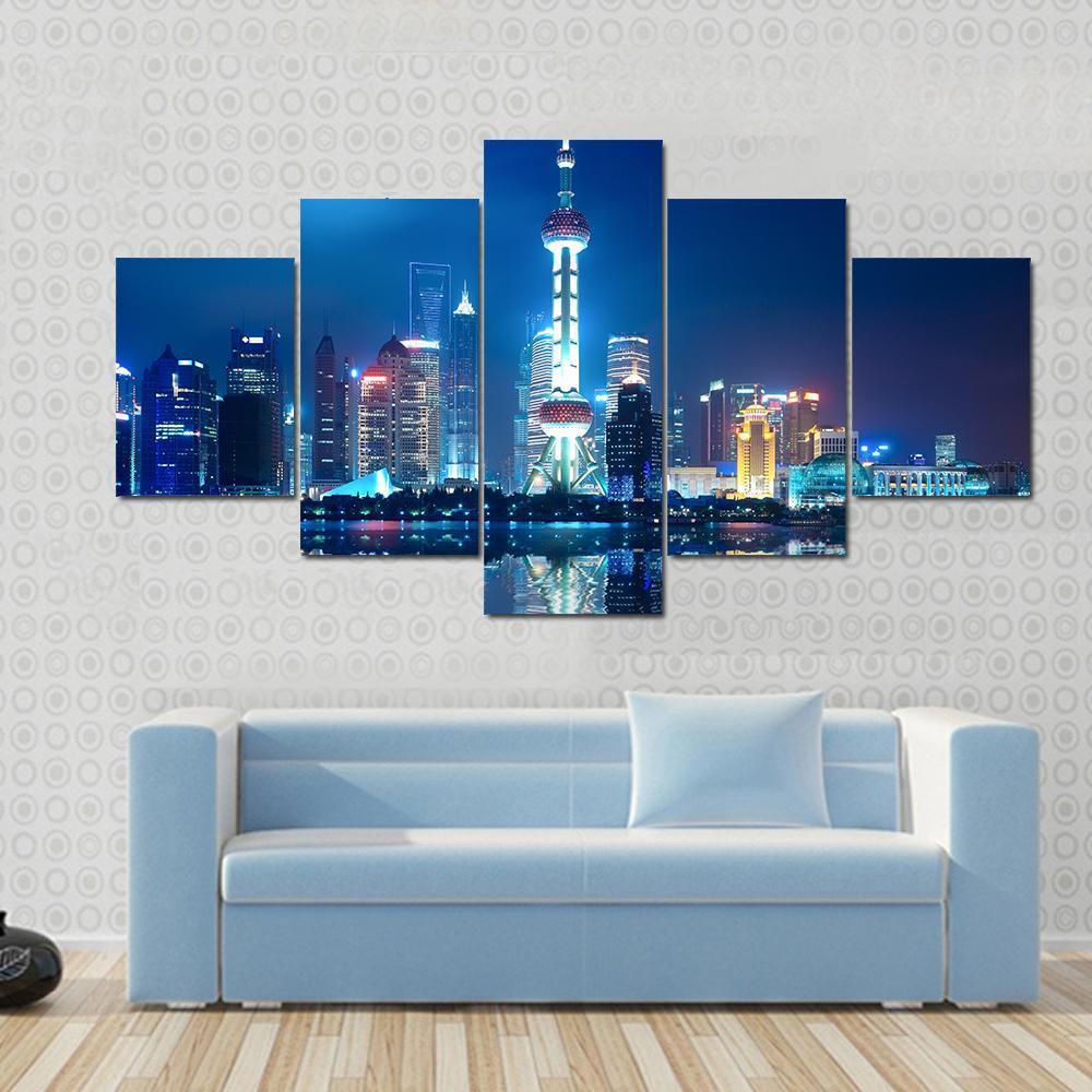 Shanghai Skyline With Reflection At Night – Nature Canvas Wall Art