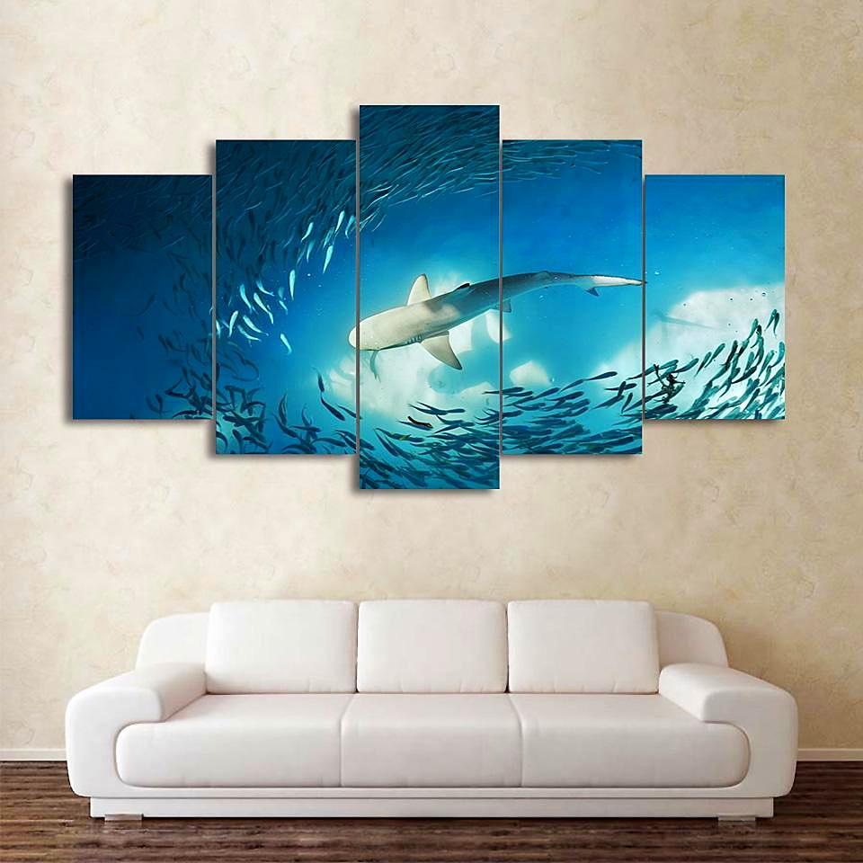 Shark Painting Cluster Of Fish Deep Blue Ocean – Ocean Canvas Wall Art